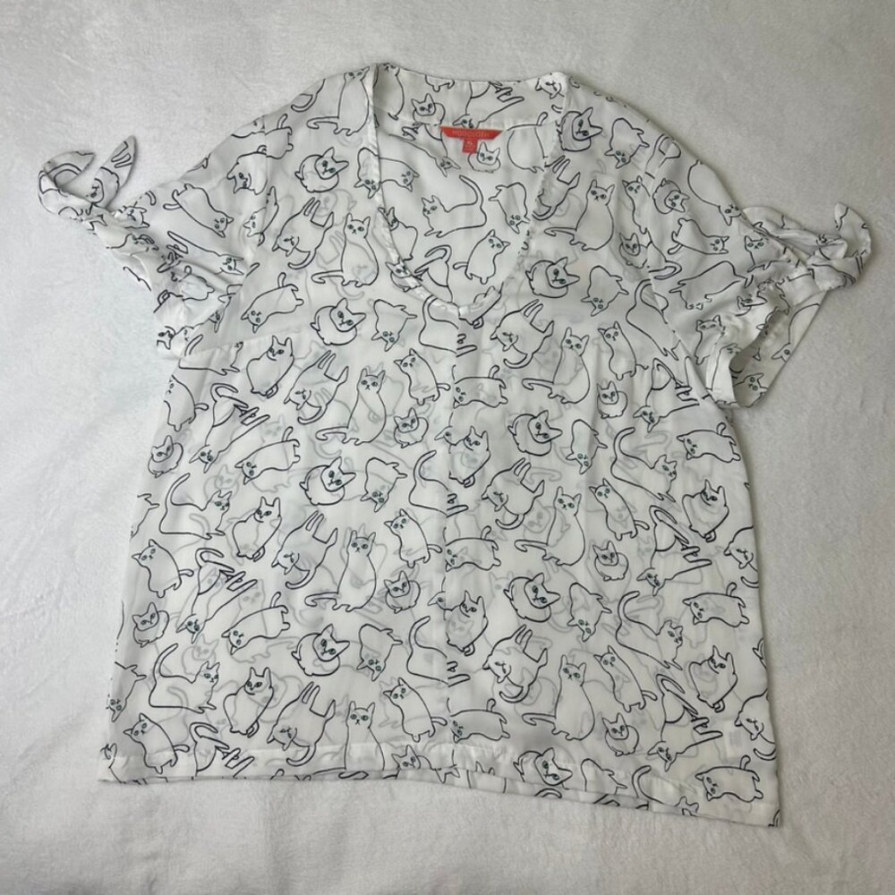 ModCloth Cat Blouse Top Women's XL Sheer White Black Kittens